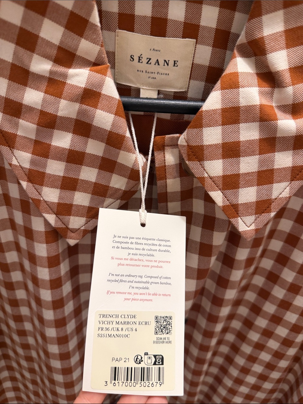 Sezane Clyde Coat Brown Gingham/ Ecru - Size 4 - Picture 3 of 3